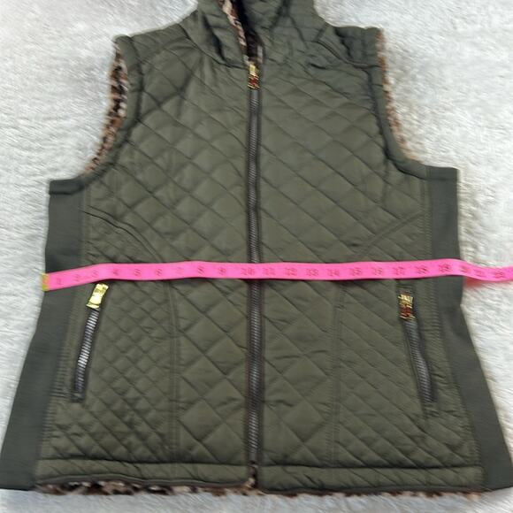 Special one by Rock Revolution green and Cheetah fur reversible puffer vest, L - Picture 8 of 12